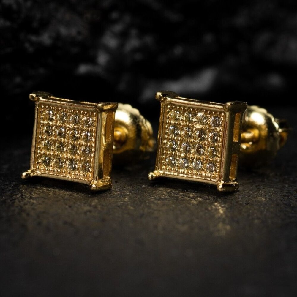 Mens Canary Yellow 14k Gold Plated Small Square Sterling Silver Stud Earrings